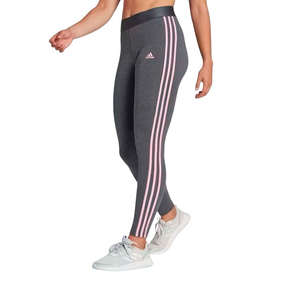 ADIDAS Athletic High Rise Activewear Tights Heather Grey Pink 3 Stripe SIZE XS - Picture 1 of 13